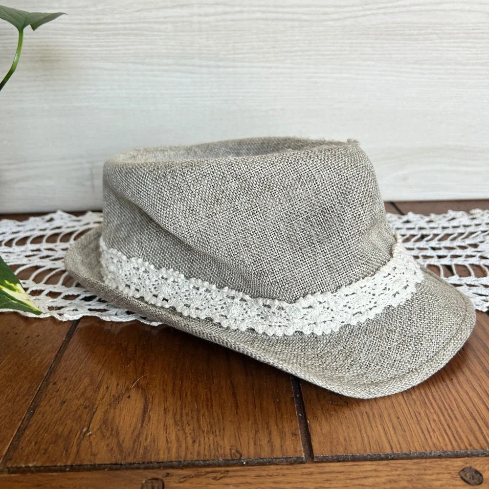 Altard State Tan Burlap Fedora Hat with White Crochet Lace Trim Boho Style‎